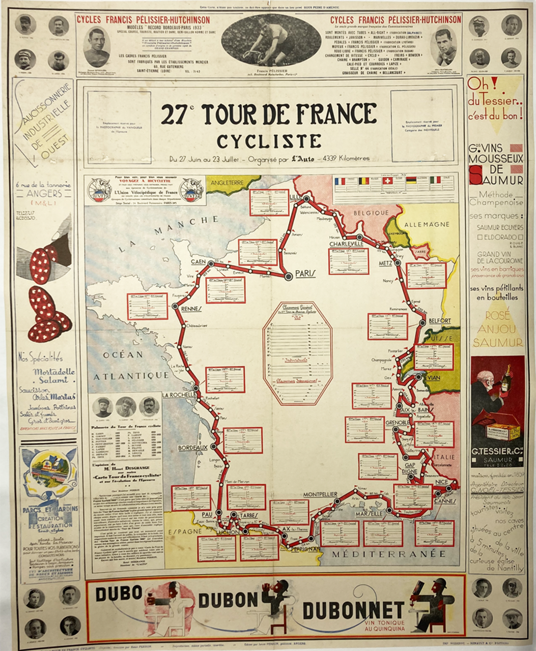 Original fold out map on linen of 27th Tour de France race 1933 featuring Cassandre's Dubonnet triptych on the bottom