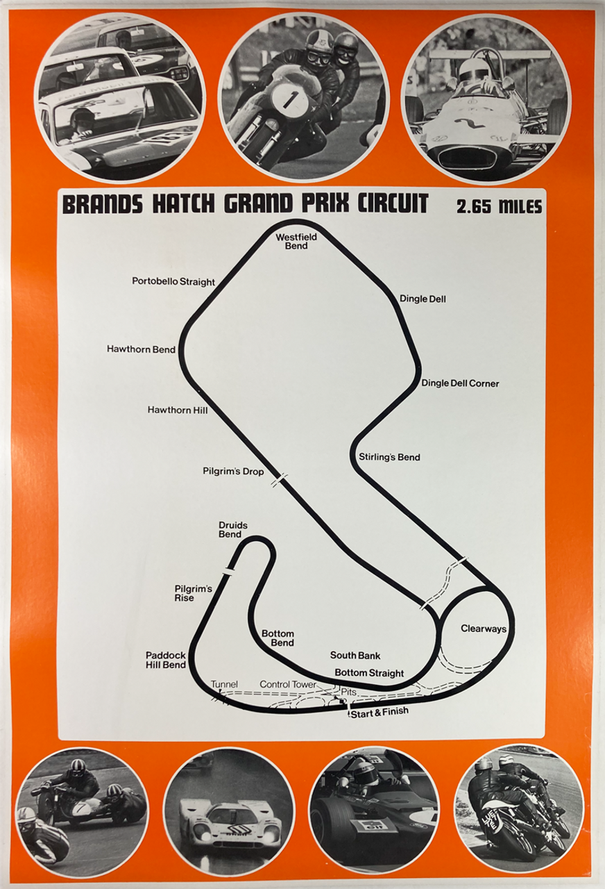 Original lithograph on linen advertising Brands Hatch racing course for motorcycles and cars
