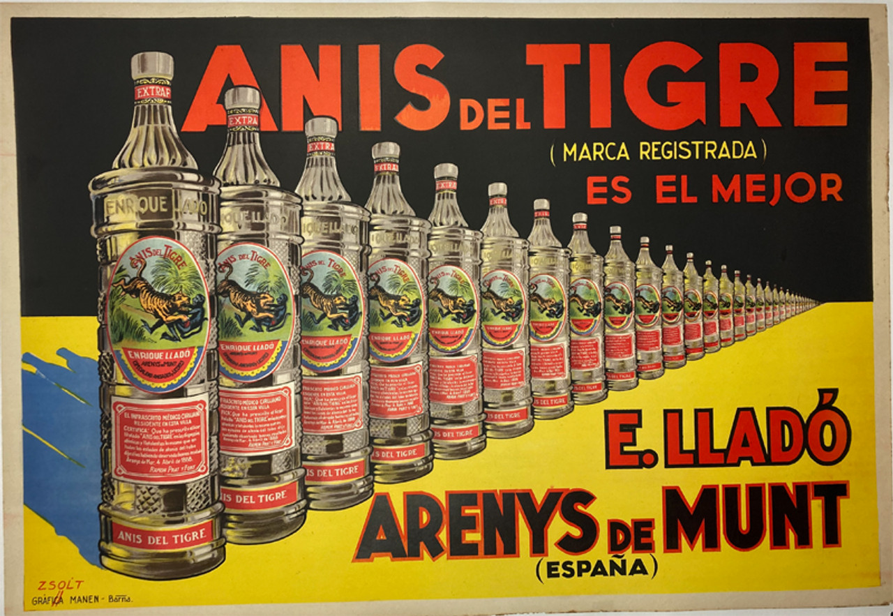 Anis del Tigre by Zsolt 1930 original lithograph on linen
