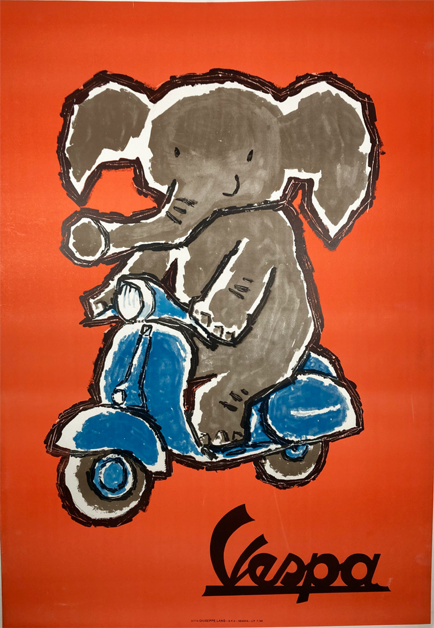 Vespa Scooters original lithograph on linen 1959 featuring an elephant