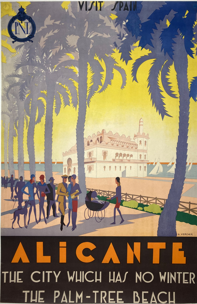 Alicante The City Which Has No Winter Palm-Tree Beach by Vercher 1925 Spain original stone lithograph vintage poster on linen