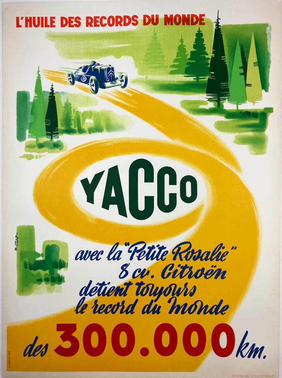 Yacco L'Huile des Records du Monde des 300,000 KM unknown ca. 1956 original lithograph on linen vintage poster