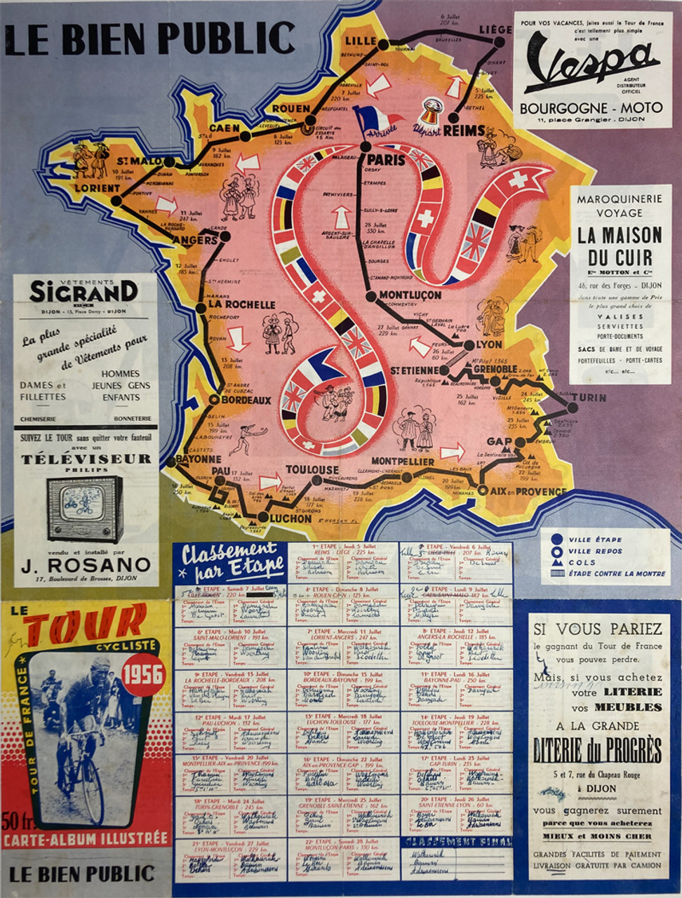 1956 Tour de France Map unknown insert from Le Bien Public original lithograph on linen vintage poster