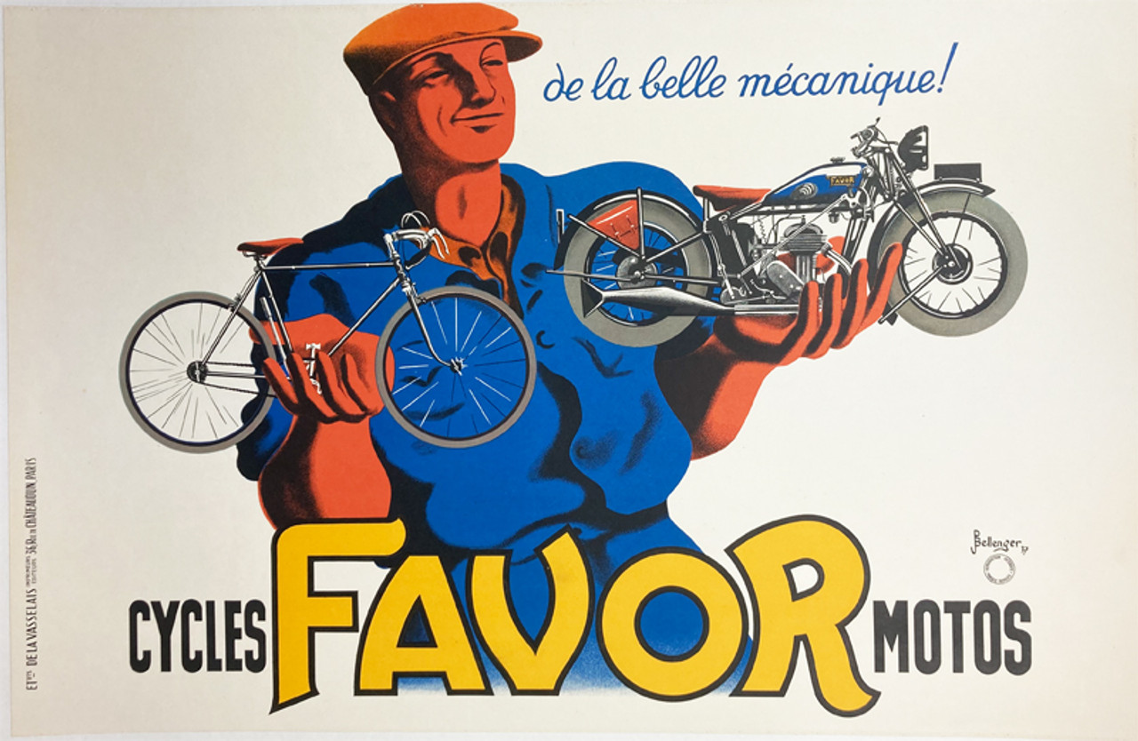 Favor Moto Cycles by Bellenger 1937 France original smaller format lithograph on linen vintage poster