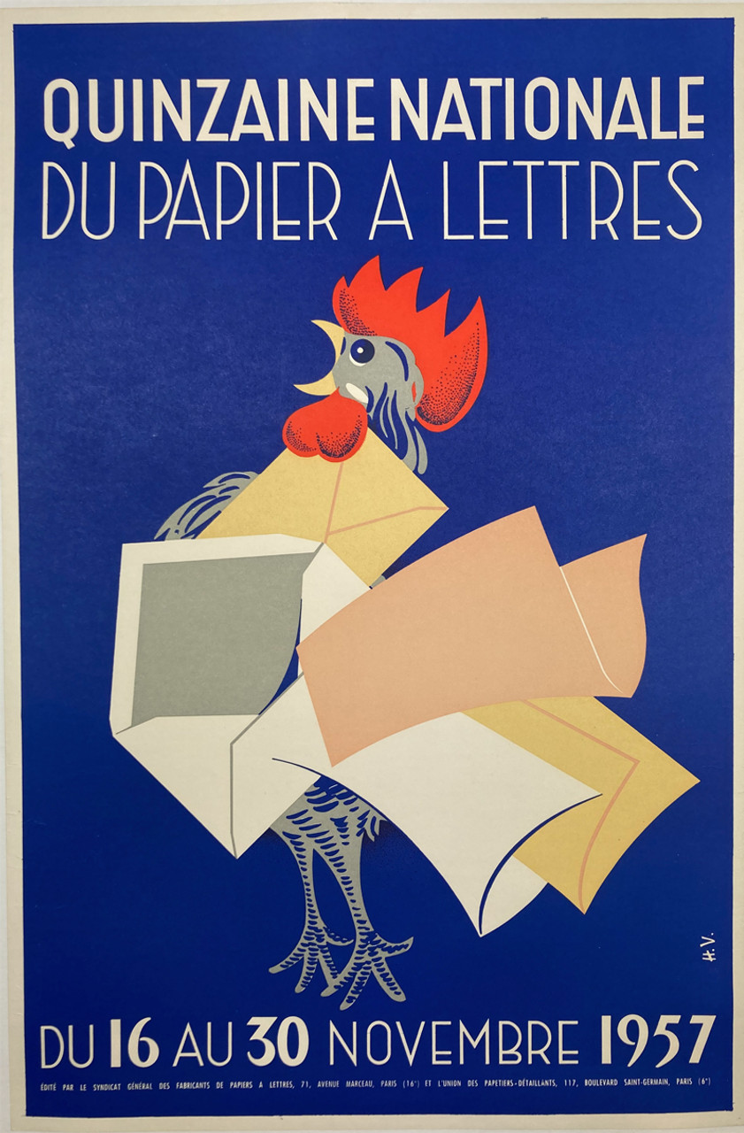 Quinzaine Nationale du Papier a Lettres by HV 1957 France original lithograph on linen vintage poster