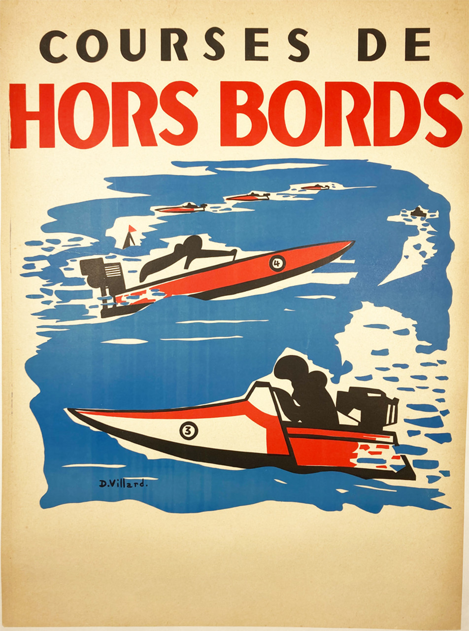 Courses de Hors Bords by Villard 1950s France original lithograph on linen vintage poster