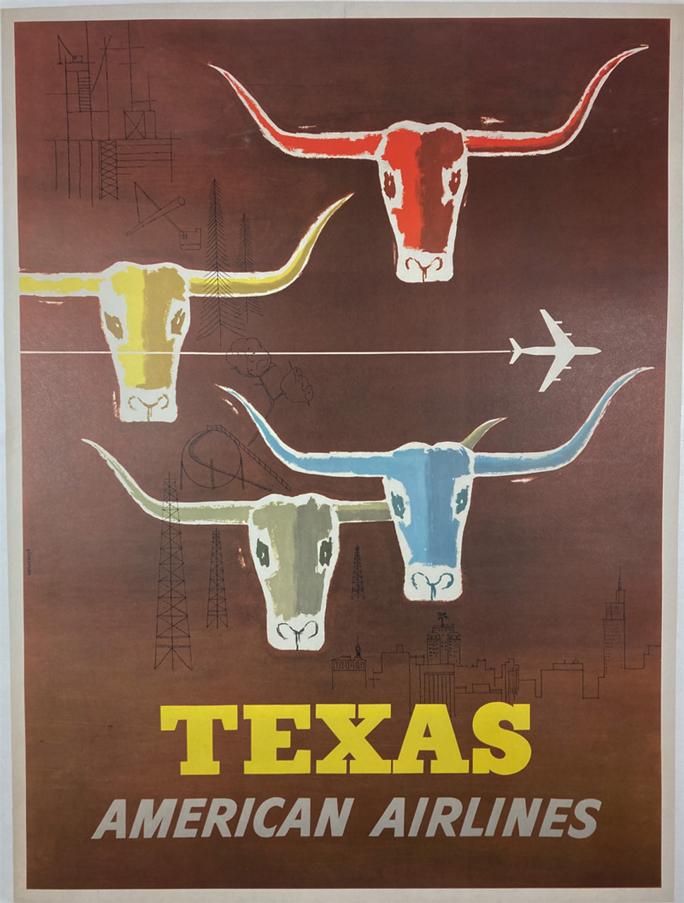 Texas Longhorns American Air Lines by Glanzman-Parker 1953 USA original lithograph on linen vintage poster