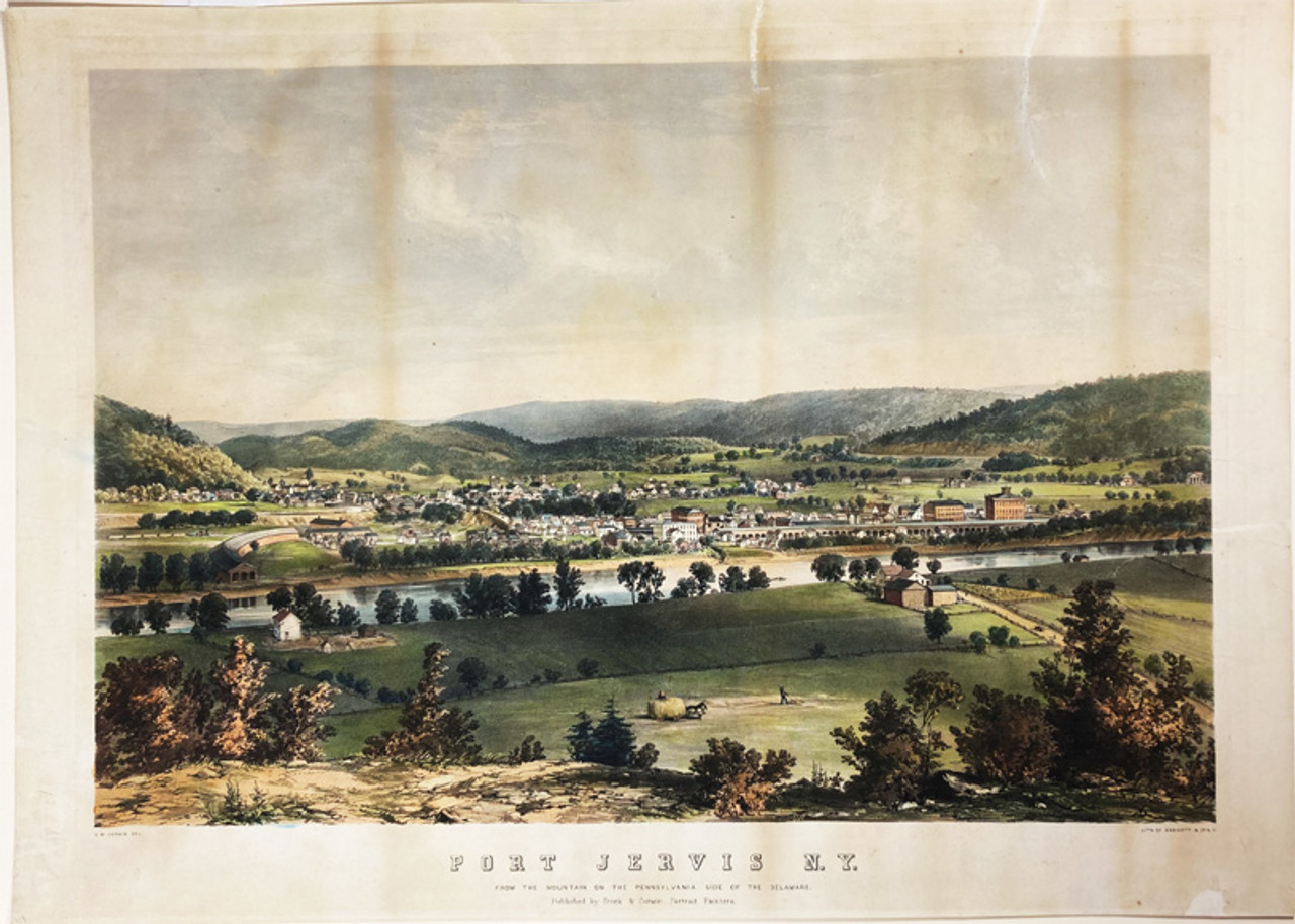 Birds Eye View of Port Jervis NY 1854 USA by CW Corbin original rare lithograph printed by Endicott & Co. antique print