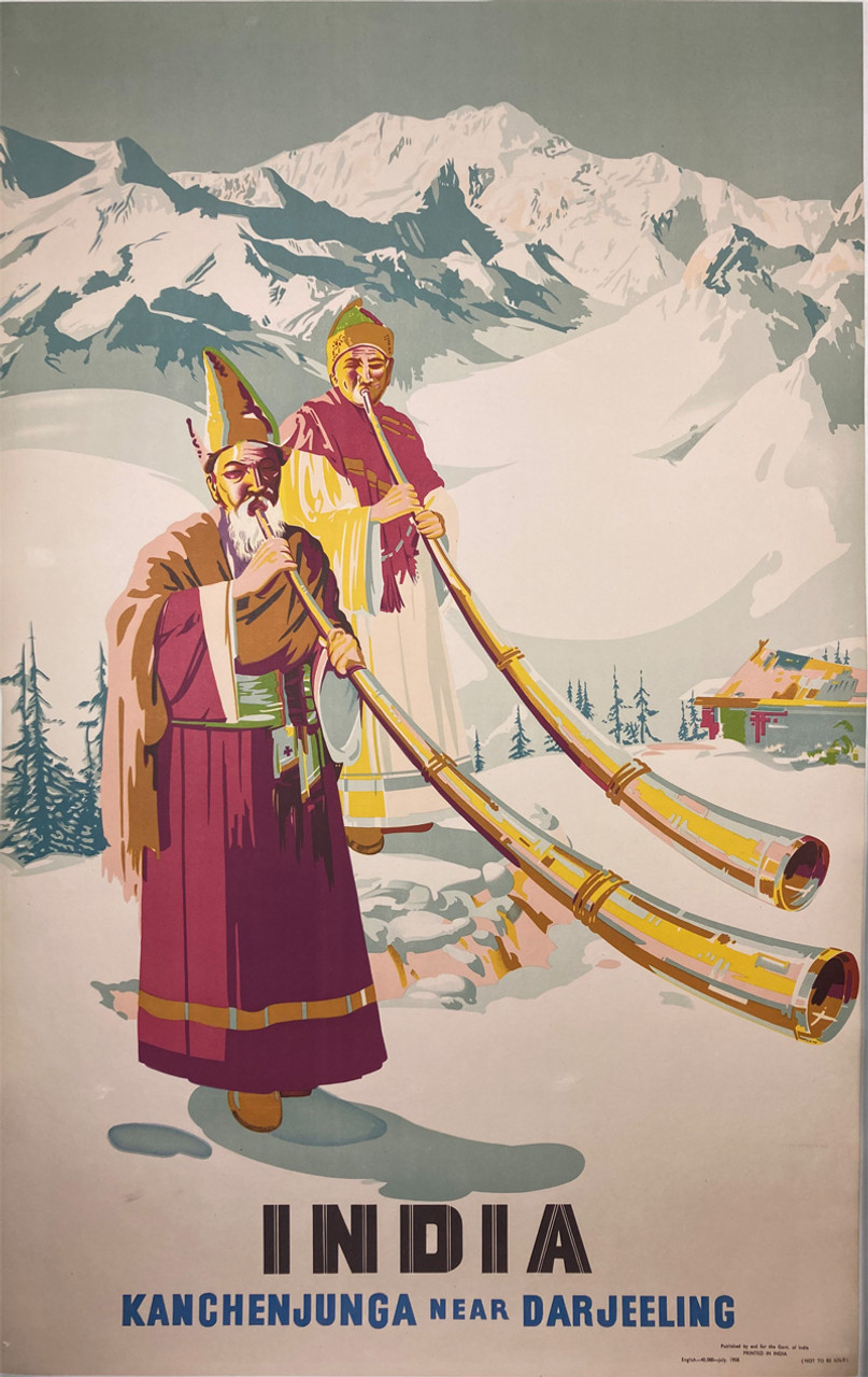 India Kanchenjunga Near Darjeeling by unknown 1950s India original lithograph on linen vintage poster