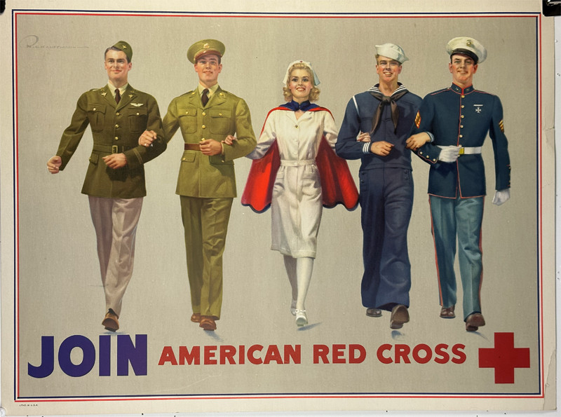 Join American Red Cross by R.C. Kauffmann ca. 1942 USA original lithograph on cardboard sign vintage