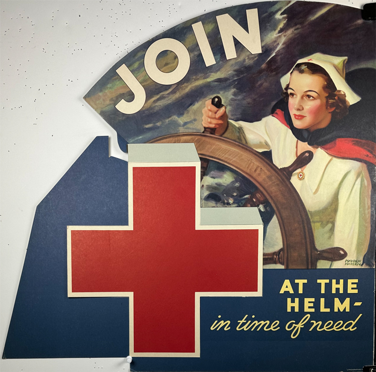 Join Red Cross At The Helm In Time of Need by Hayden Hayden 1937 USA original lithograph on cardboard display