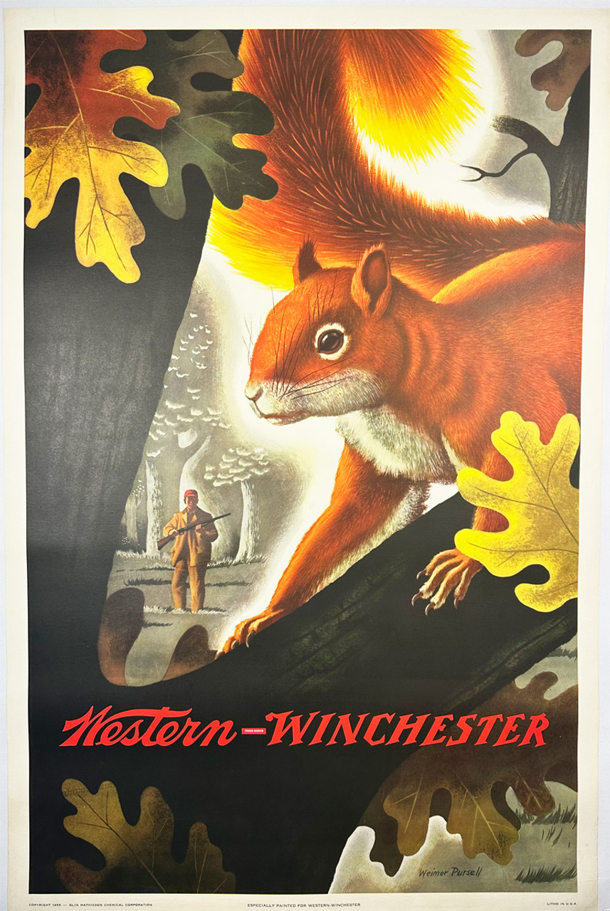 Western Winchester Squirrel by Weimar Pursell ca. 1955 USA original lithograph on linen vintage poster