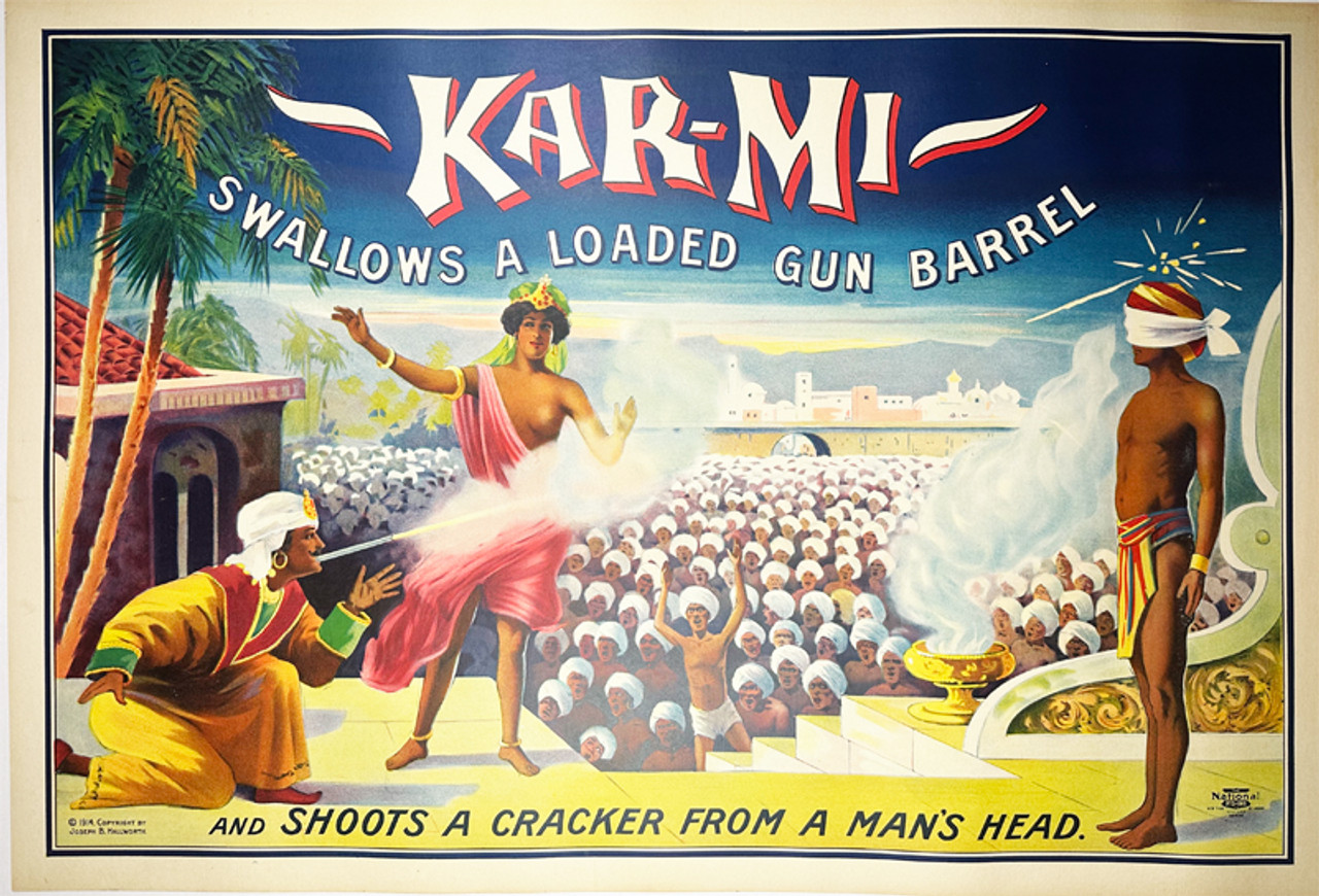 Kar Mi Swallows A Loaded Gun & Shoots A Cracker From a Man's Head by Jos. Hallworth 1914 USA original stone lithograph on linen antique poster