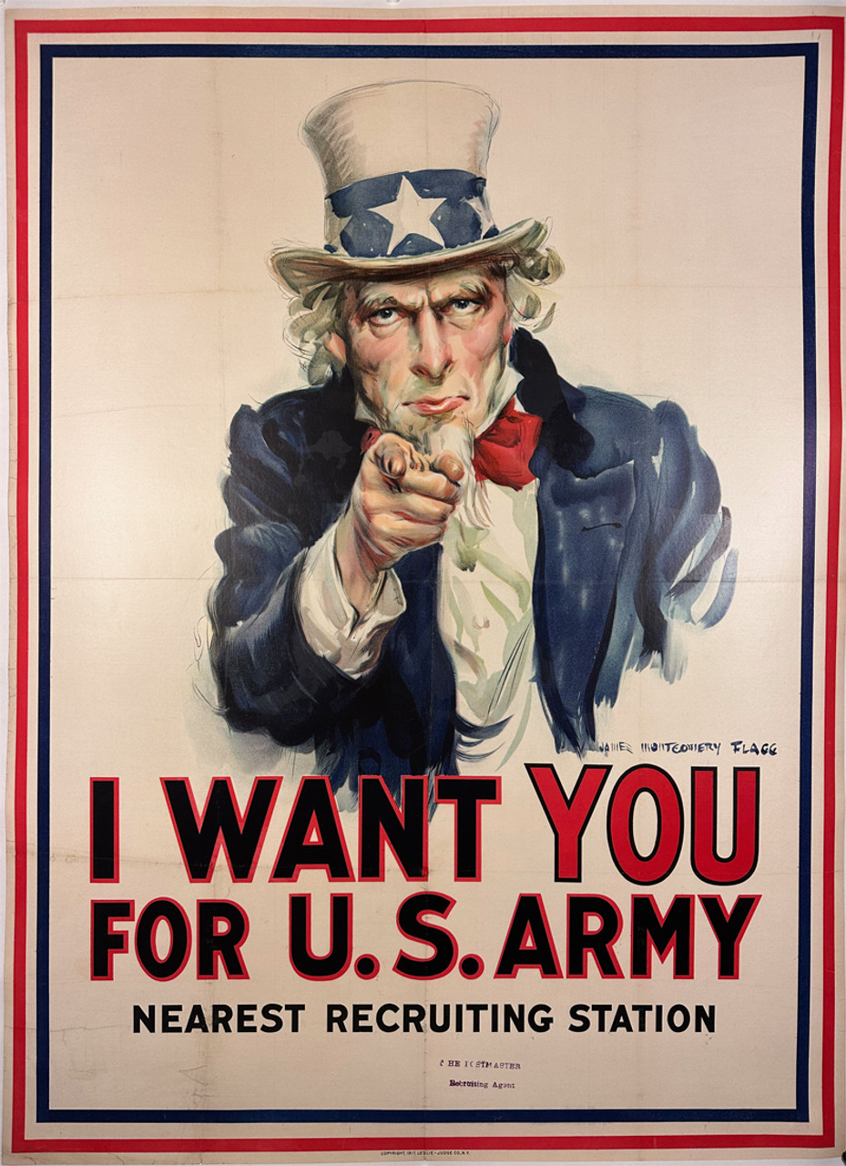 I Want You for U.S. Army by James Montgomery Flagg 1917 USA original lithograph on linen antique poster