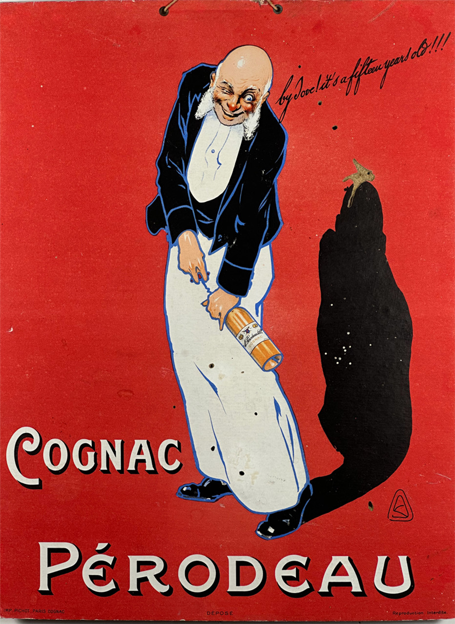 Cognac Perodeau ca. 1920s France original lithograph on board store display with hanger antique vintage poster