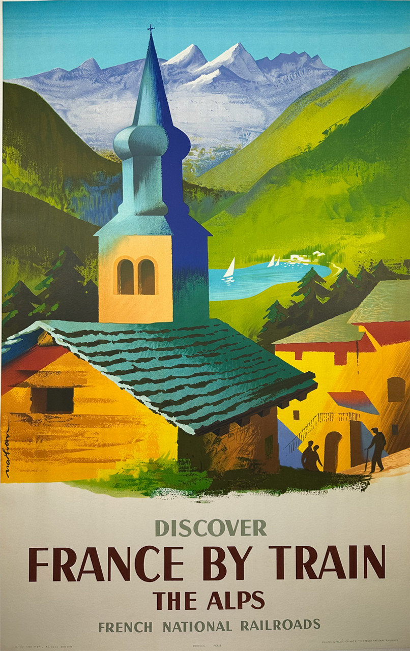 Discover France by Train The Alps by Nathan 1954 original lithograph on linen vintage poster
