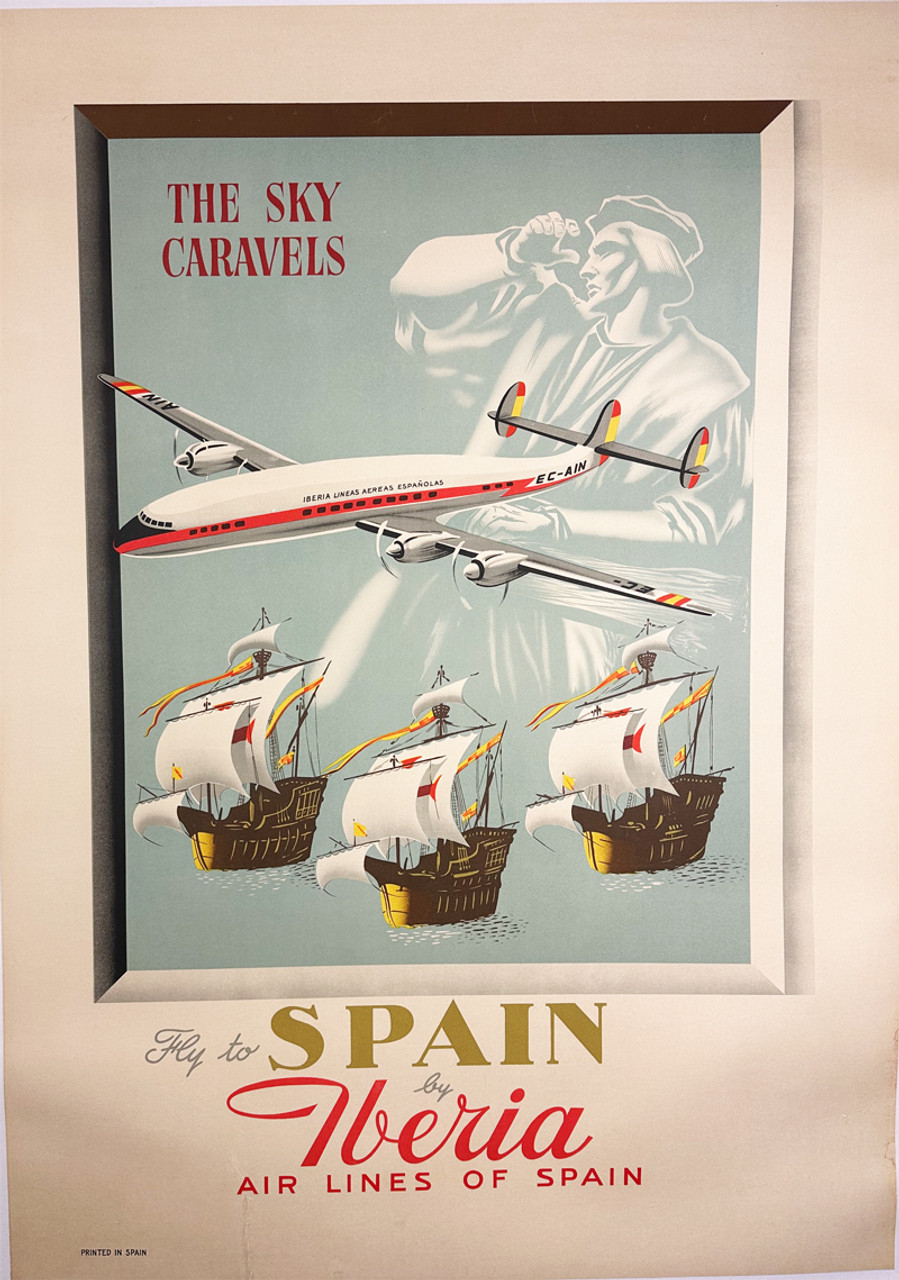 The Sky Caravels Fly to Spain by Iberia 1950s Spain original lithograph on linen vintage poster