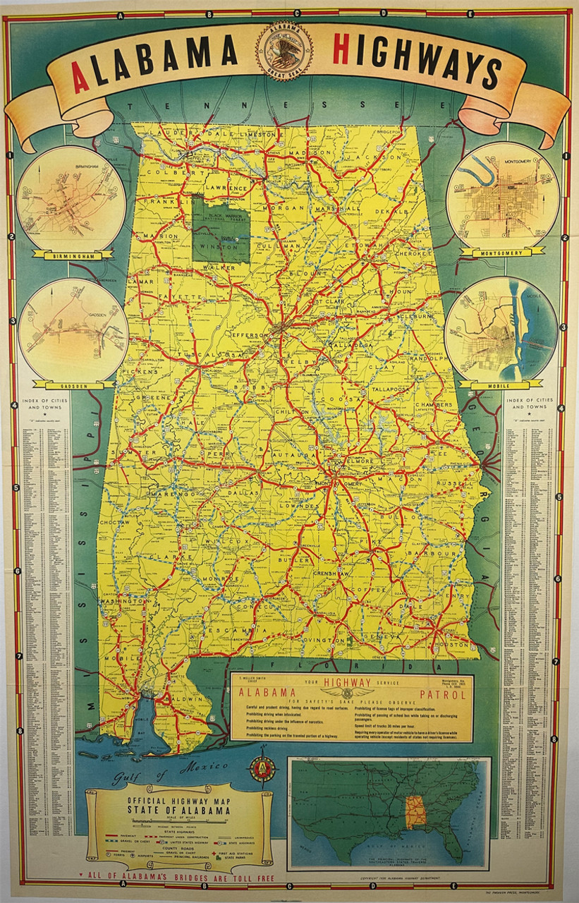 Alabama Highways Official Map 1939 original foldout map lithograph on linen vintage poster