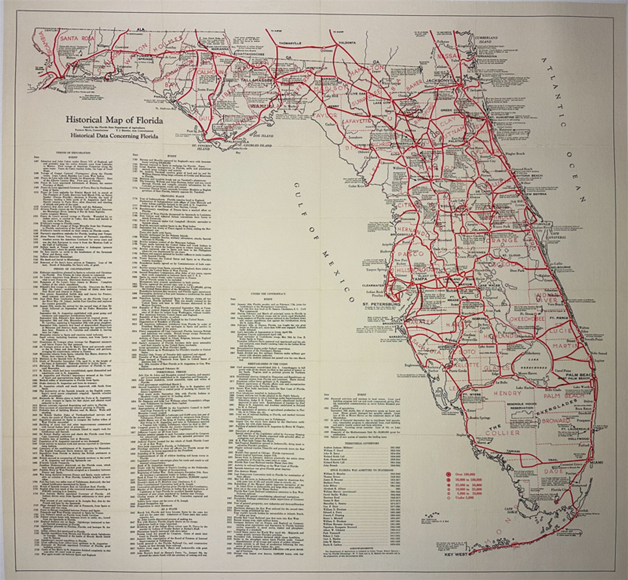 Historical Map of Florida by T.J. Brooks 1932 USA original foldout map lithograph on linen vintage poster