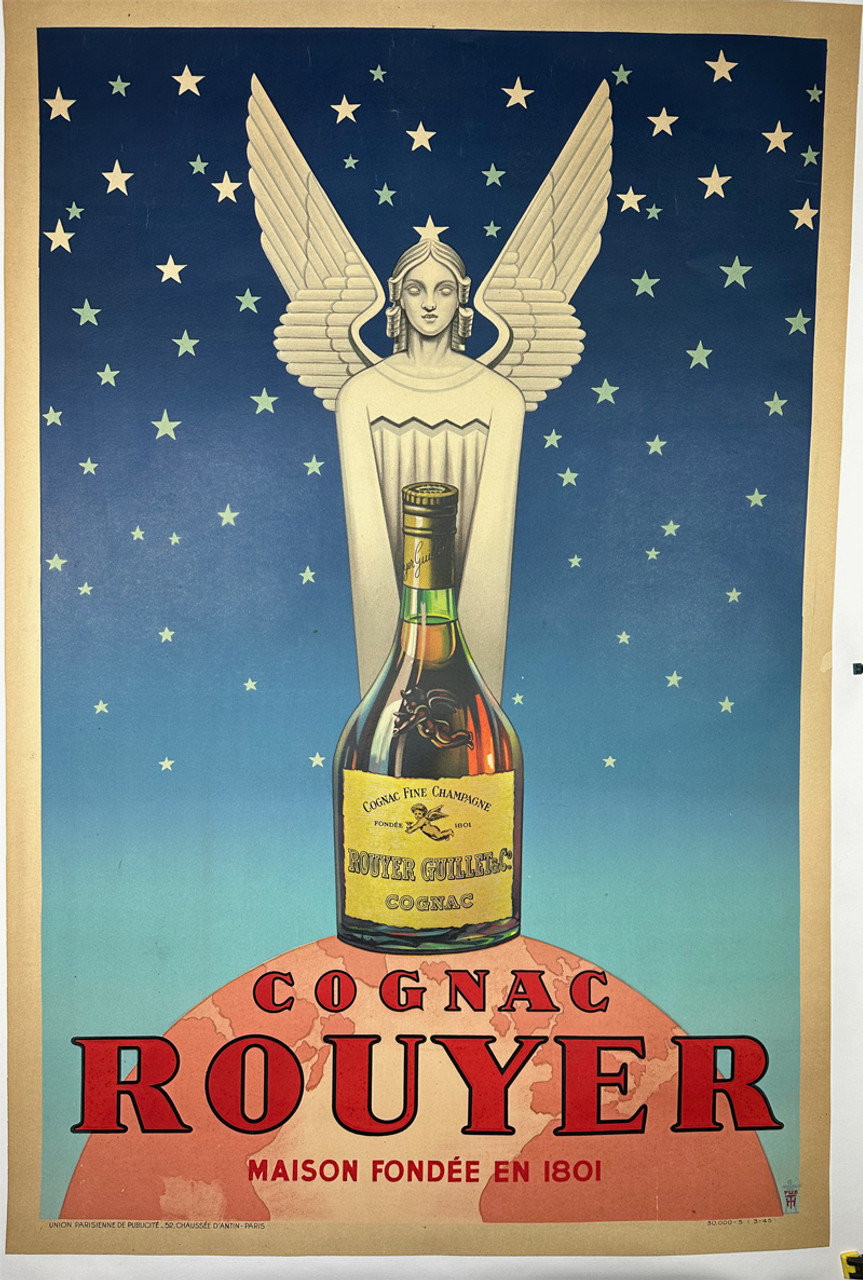 Cognac Rouyer by unknown 1945 France original stone lithograph on linen vintage poster