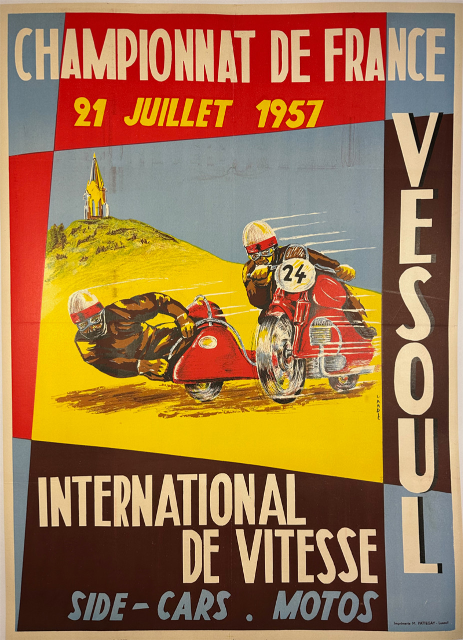 Vesoul Championnat de France Vites Side Cars by Ladic 1957 France original lithograph on linen vintage poster