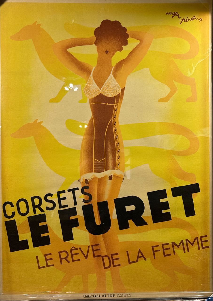 Corsets Le Furet by Roger Perot 1933 France original stone lithograph on linen antique vintage poster