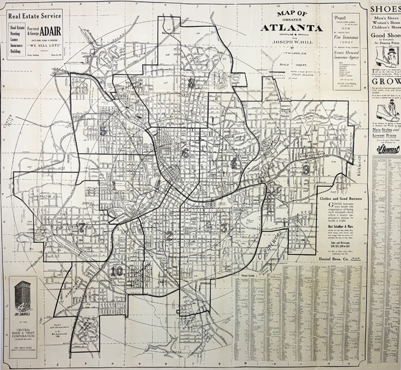 Map of Atlanta 1924 USA original lithograph on linen antique poster map
