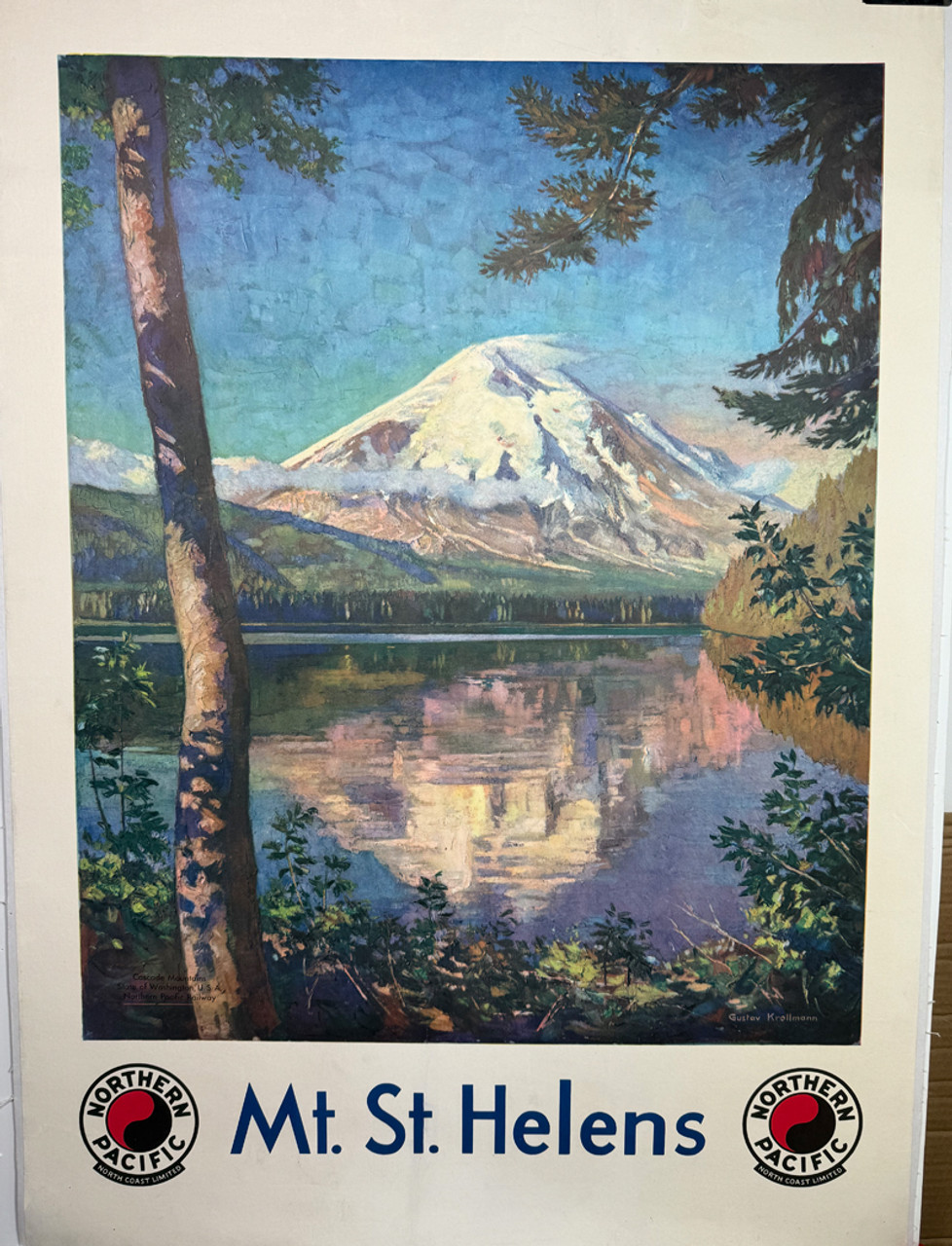 Mt. St. Helens and Spirit Lake Northern Pacific by Gustav Krollman 1950 USA original lithograph on linen vintage poster