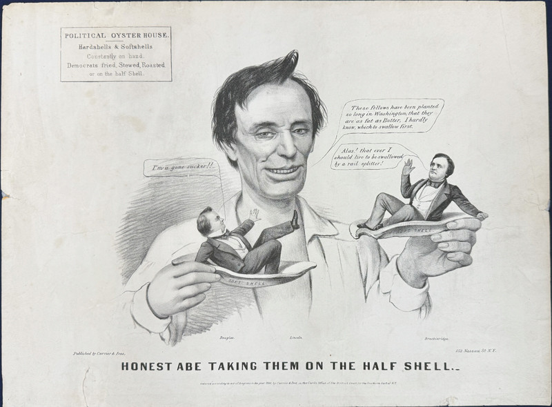 Honest Abe Taking Them on the Half Shell by Currier & Ives ca. 1860 USA original stone lithograph antique print