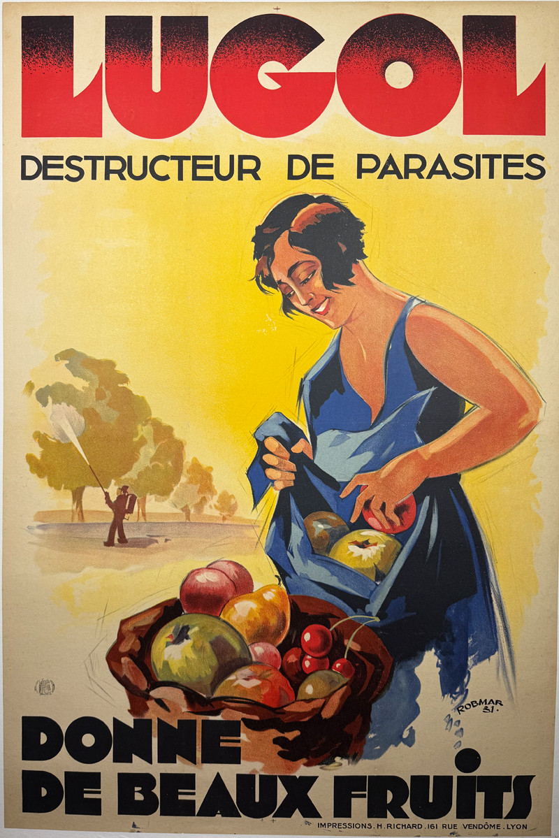Lugol Destructeur de Parasites by Robmar (Robert Wolfe) 1931 France original stone lithograph on linen vintage poster for growing beautiful fruit