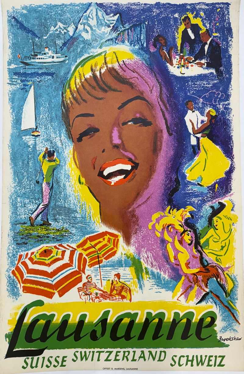 Lausanne Lake Geneva Switzerland by Percy Drake Brookshaw ca. 1950s Switzerland original lithograph on linen vintage poster