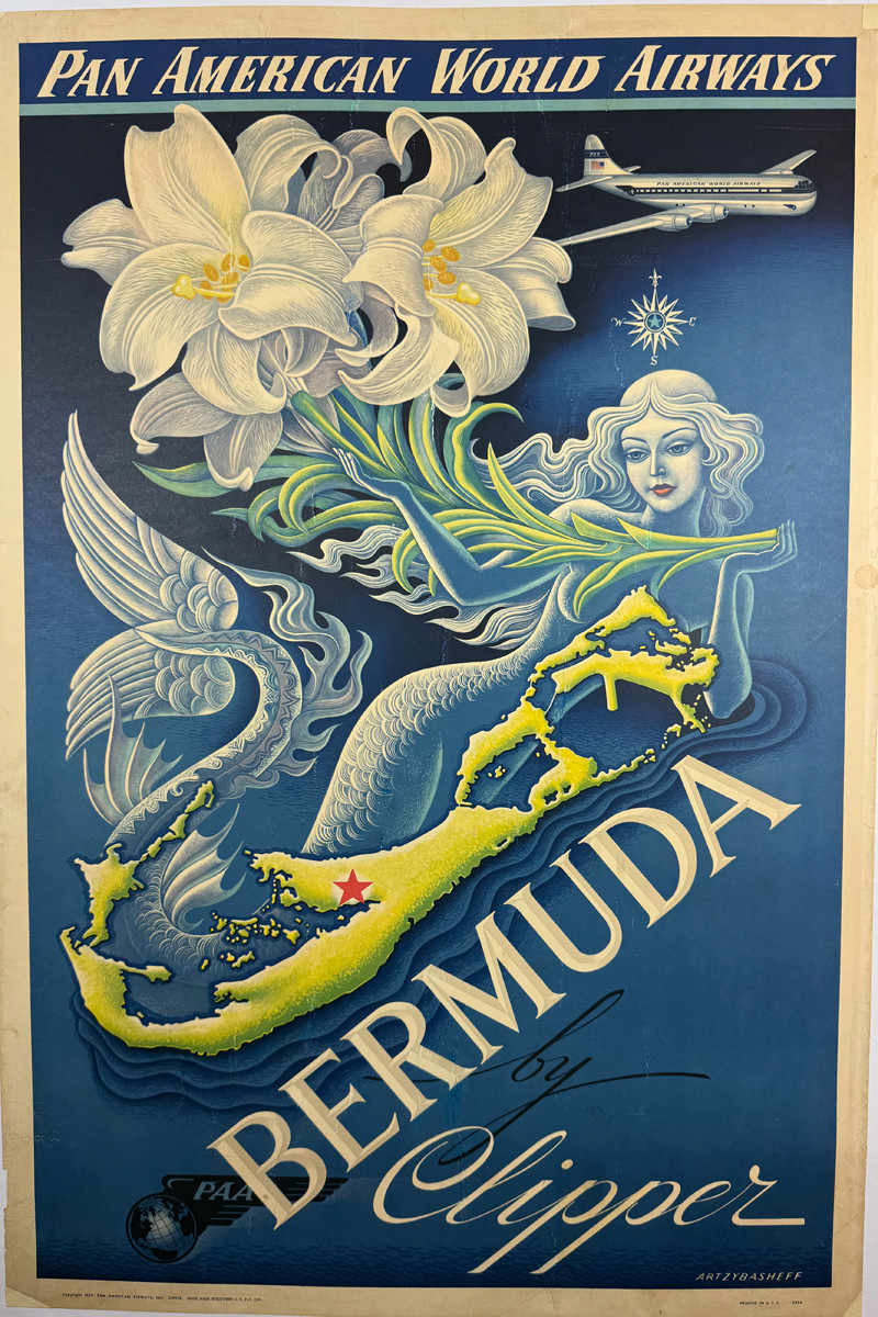 Pan American World Airways Bermuda by Clipper by Boris Artzybasheff 1949 USA original lithograph on linen poster