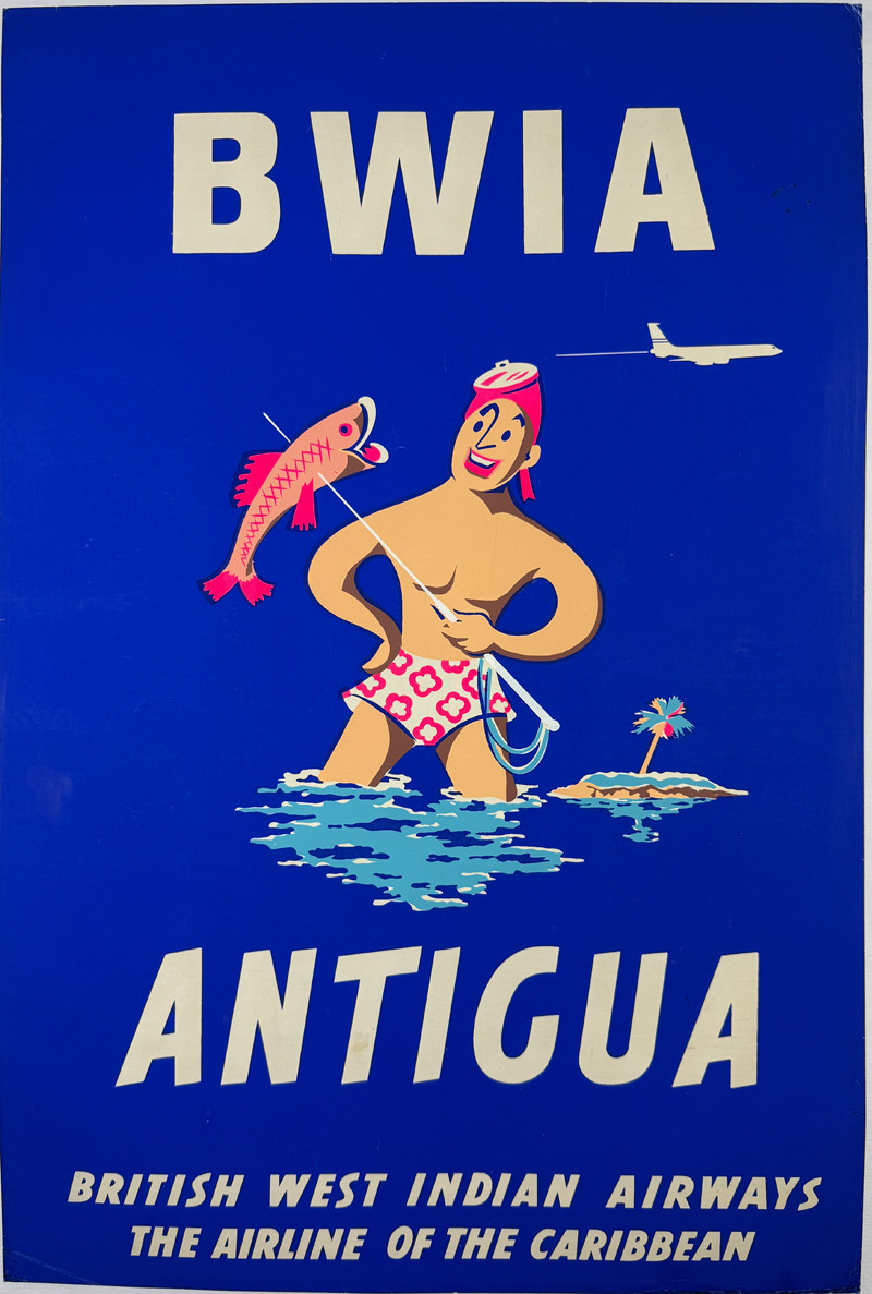 BWIA Antigua 1960s Britain original lithograph on linen vintage poster