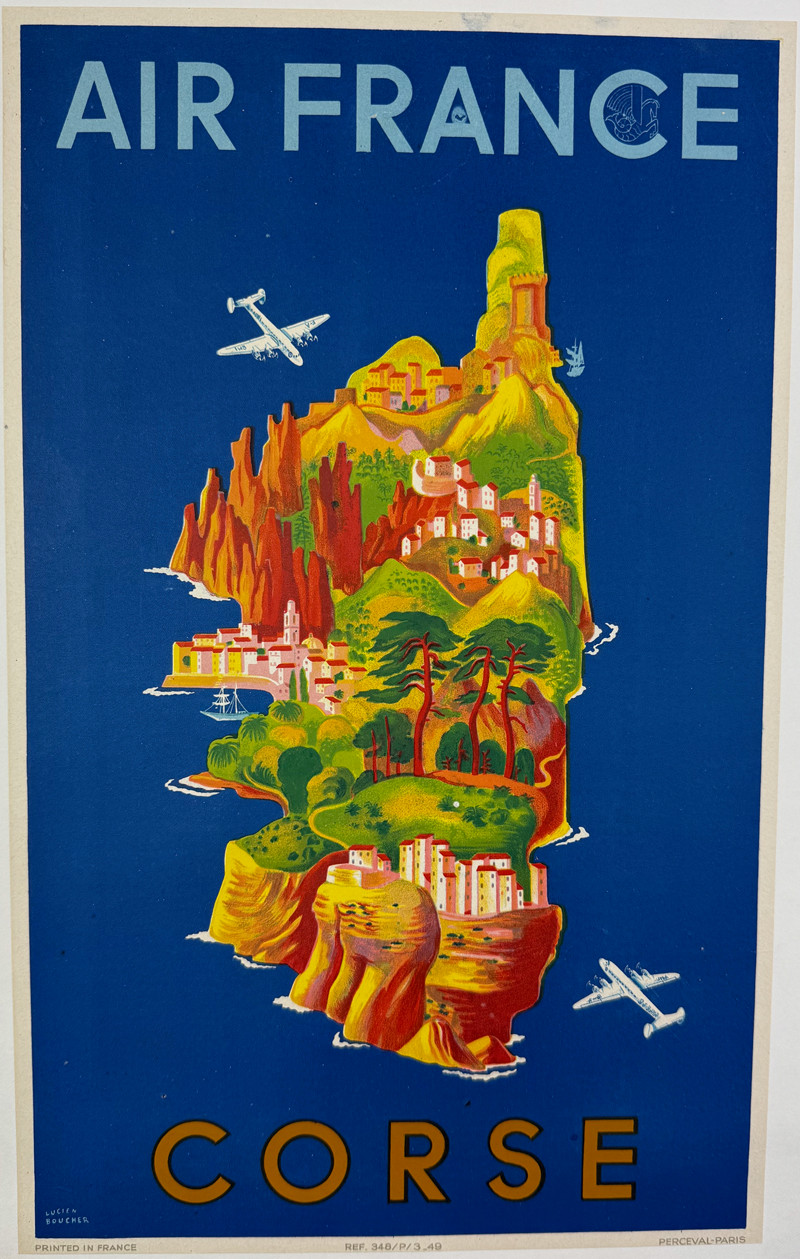 Air France Corse by Lucien Boucher 1949 France small format original lithograph on linen vintage poster