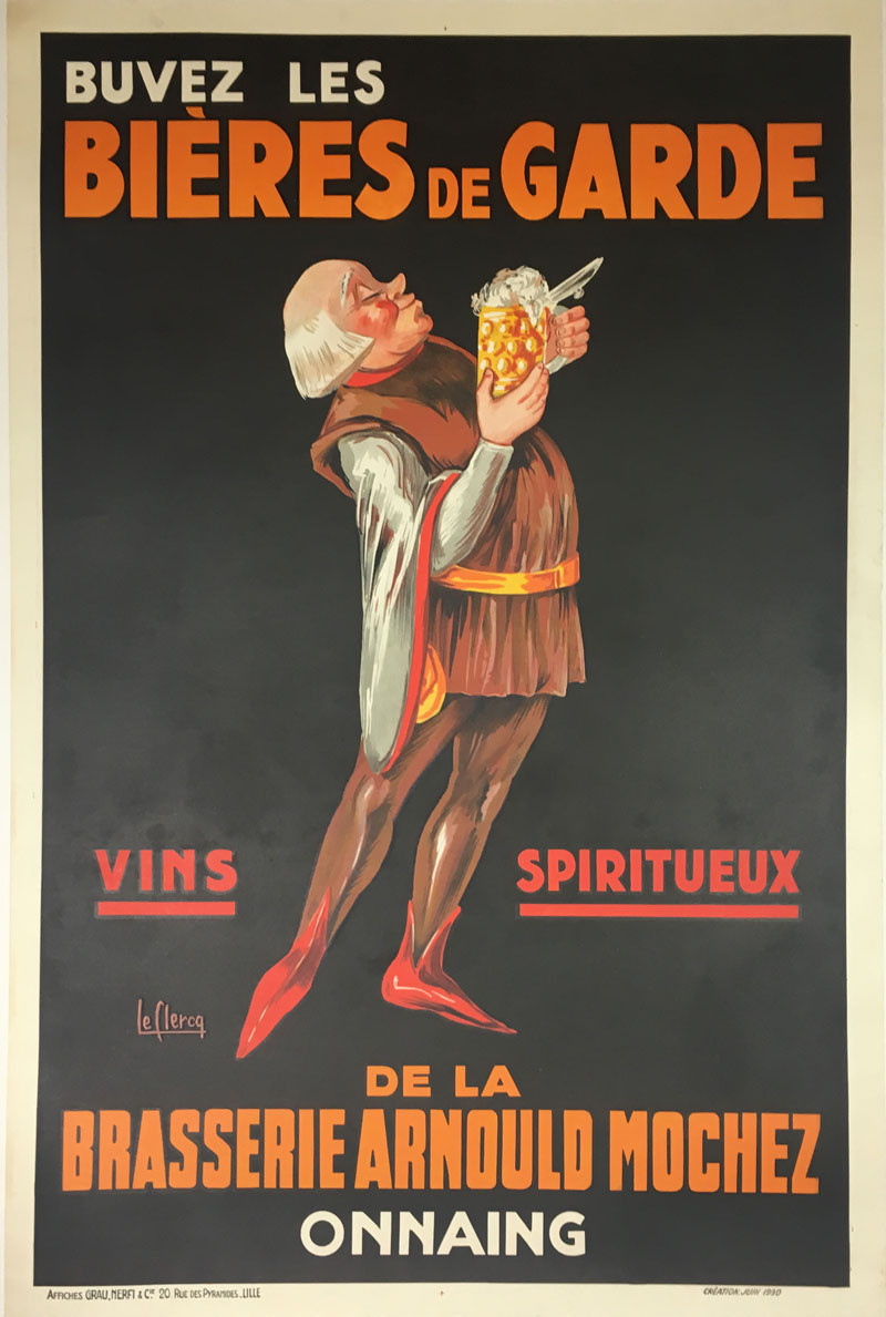 Bieres de Garde by LeClerq 1930 France original stone lithograph on linen antique vintage poster