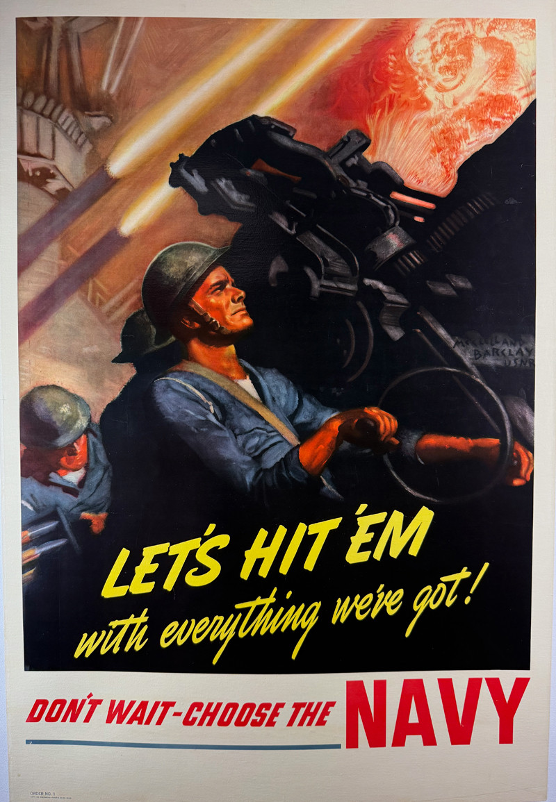 Let's Hit Em with Everything US Navy by McClelland Barclay 1942 USA original lithograph on linen vintage poster