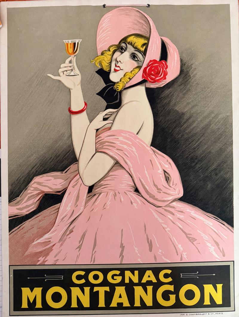Cognac Montangon  by Imp. E. Chambrelent 1920s France original lithograph on board antique store display