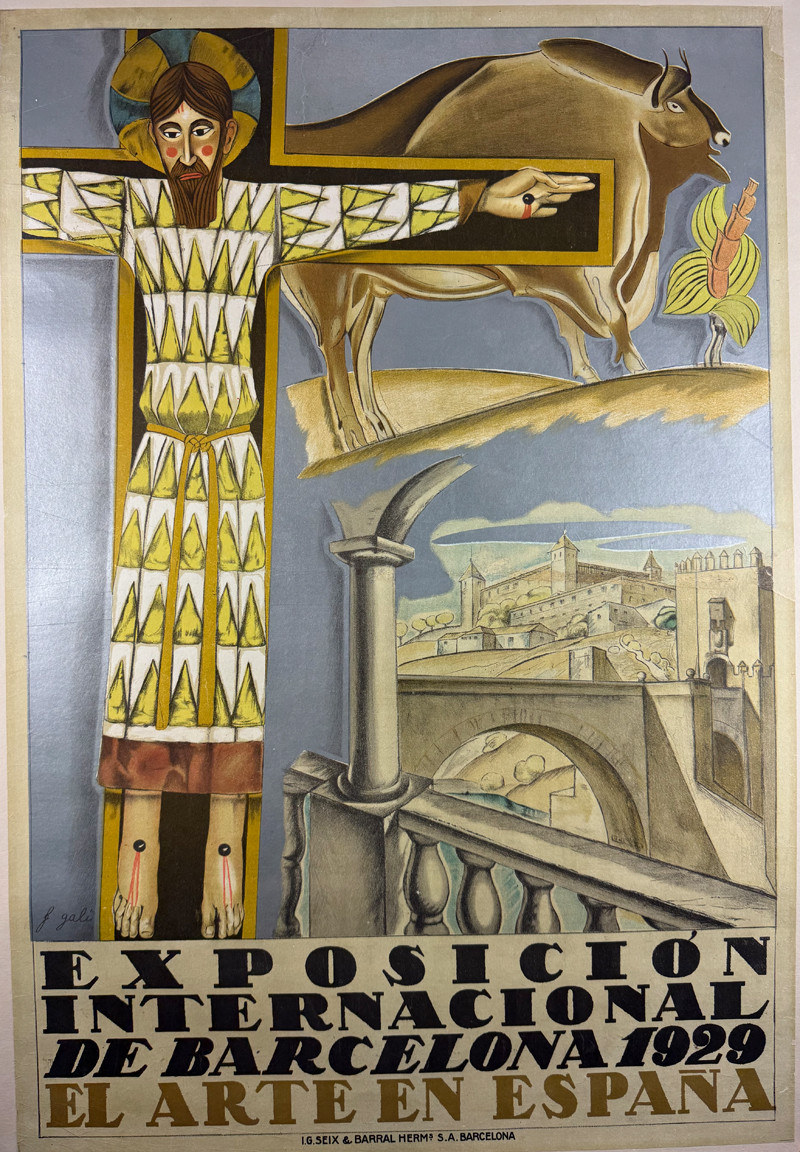 Exposition Internacional de Barcelona 1929: El Arte en Espana by F. Gali Spain original stone lithograph on linen antique vintage poster