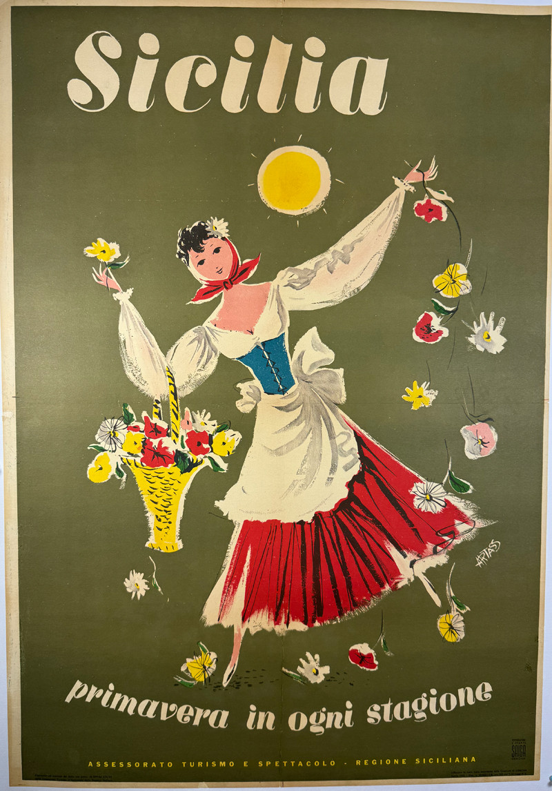 Sicilia Sicily's Eternal Spring by Studio Arts 1960 Italy original lithograph on linen vintage poster