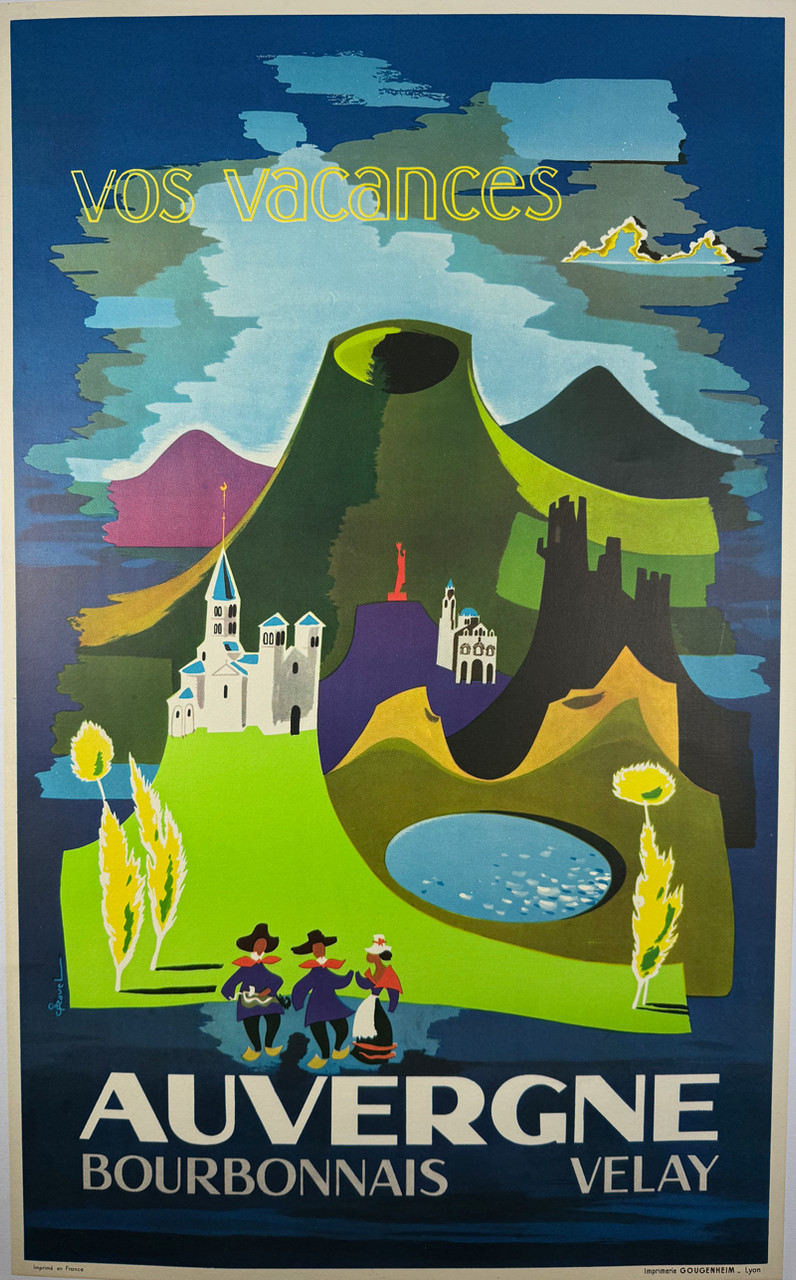 Auvergne by J. Ravel 1960 France original lithograph on linen vintage poster