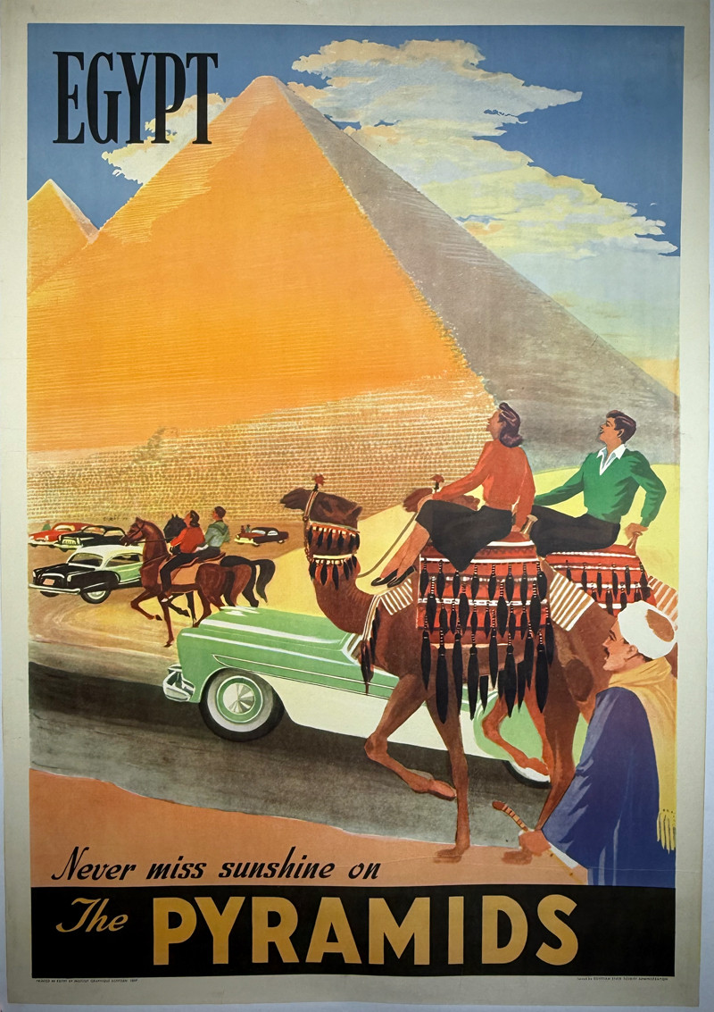 Egypt Never Miss Sunshine on the Pyramids by unknown ca. 1957 Egypt original offset lithograph on linen vintage poster