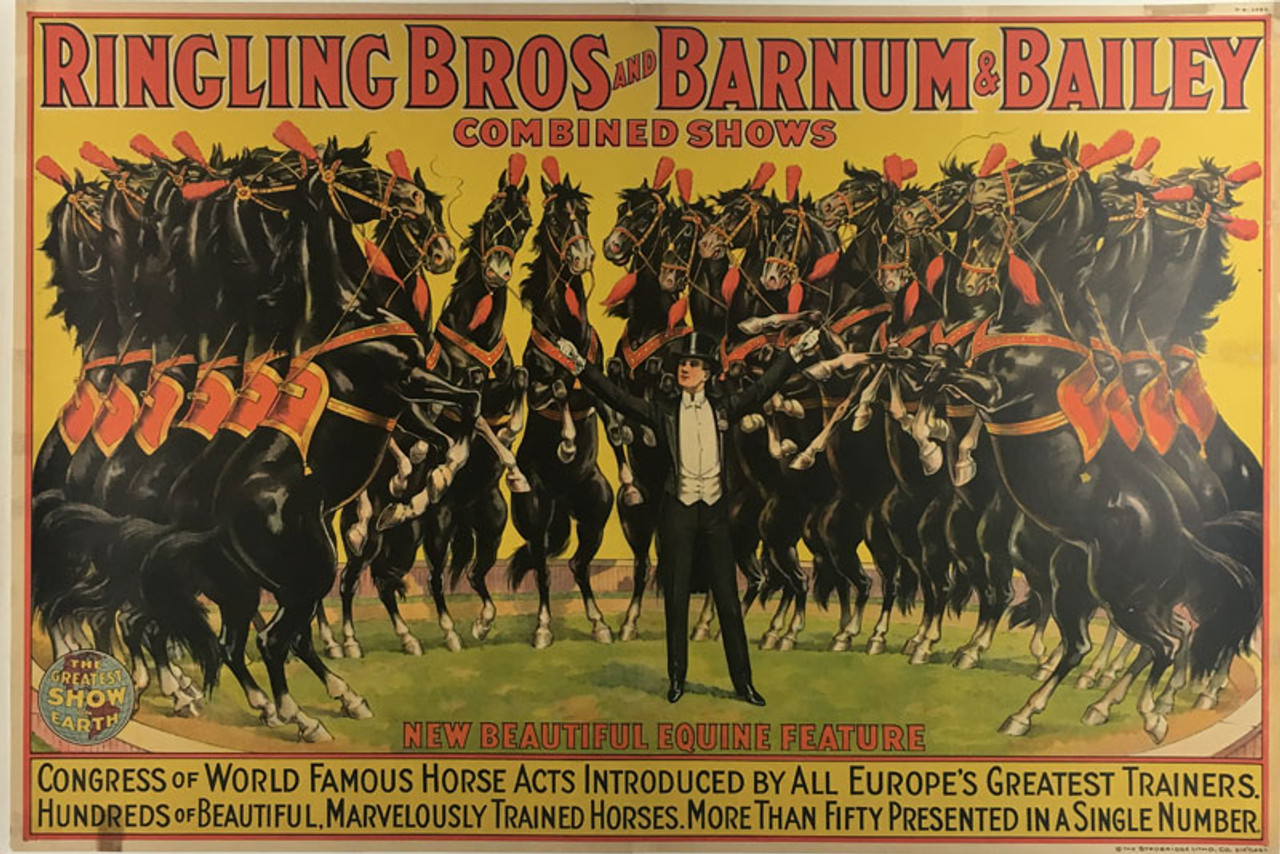Ringling Bros Barnum & Bailey New Beautiful Equine Feature by Strobridge & Co. 1920s original stone lithograph on linen