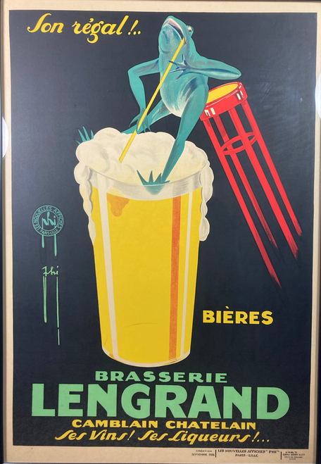 Brasserie Lengrand by PHI (Paul Nefri) 1926 original stone lithograph vintage poster 
on linen