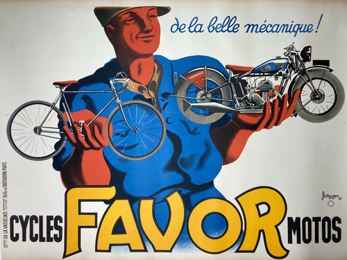 Favor Cycles Motos by Bellenger 1937 original stone lithograph on linen