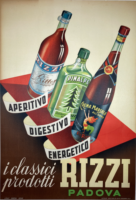 Rizzi Padova by Graphica Chiesa 1952 original lithograph advertising liqueurs from Italy