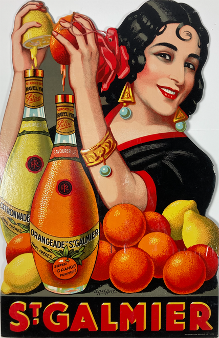 Original advertising cartone with Spanish woman squeezing orange & lemon