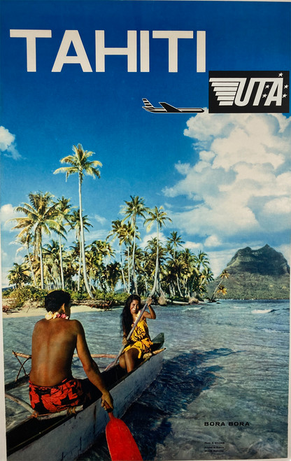 Original photo lithograph on linen advertising travel to Tahiti and Bora Bora 1970s