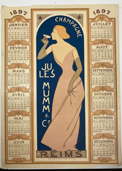 Jules Mumm Champagne Calendar 1897 original French chromolithograph with full calendar