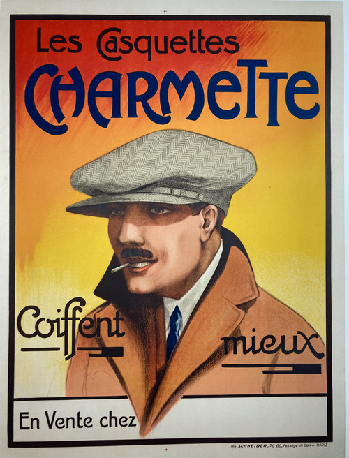 Les Casquettes Charmette by Imp. Schneider ca. 1930s France original stone lithograph on linen vintage poster