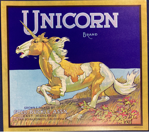 Unicorn Brand Fruit Label Schmidt Litho Co. USA 1930s original lithograph advertising poster